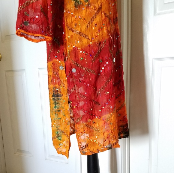 Indian summery tunic dress beautiful detail Medium orange red green - Picture 5 of 7